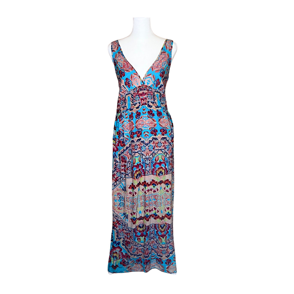 Vtg Y2K Angie Babydoll Maxi Dress M Floral Abstract Smocked Boho Hippie Resort